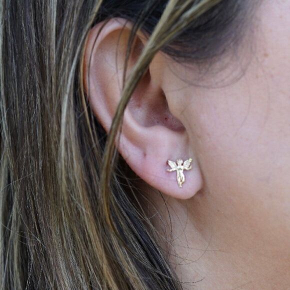 14k Yellow solid Gold Angel Stud Earrings (11 mm X 8 mm) | Gift for Mother | - Picture 10 of 10